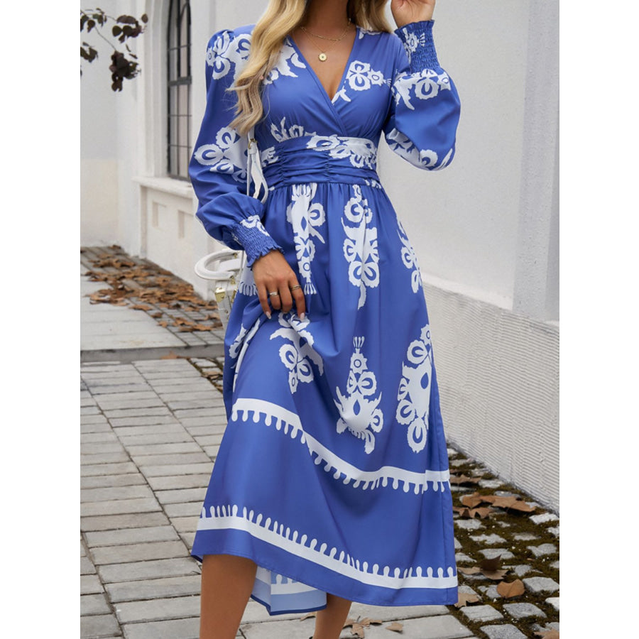 Devine Printed Surplice Lantern Sleeve Midi Dress Blue / S Apparel and Accessories