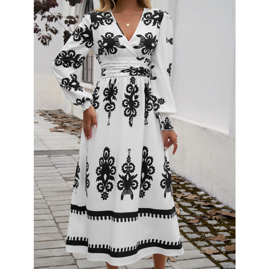 Devine Printed Surplice Lantern Sleeve Midi Dress White / S Apparel and Accessories