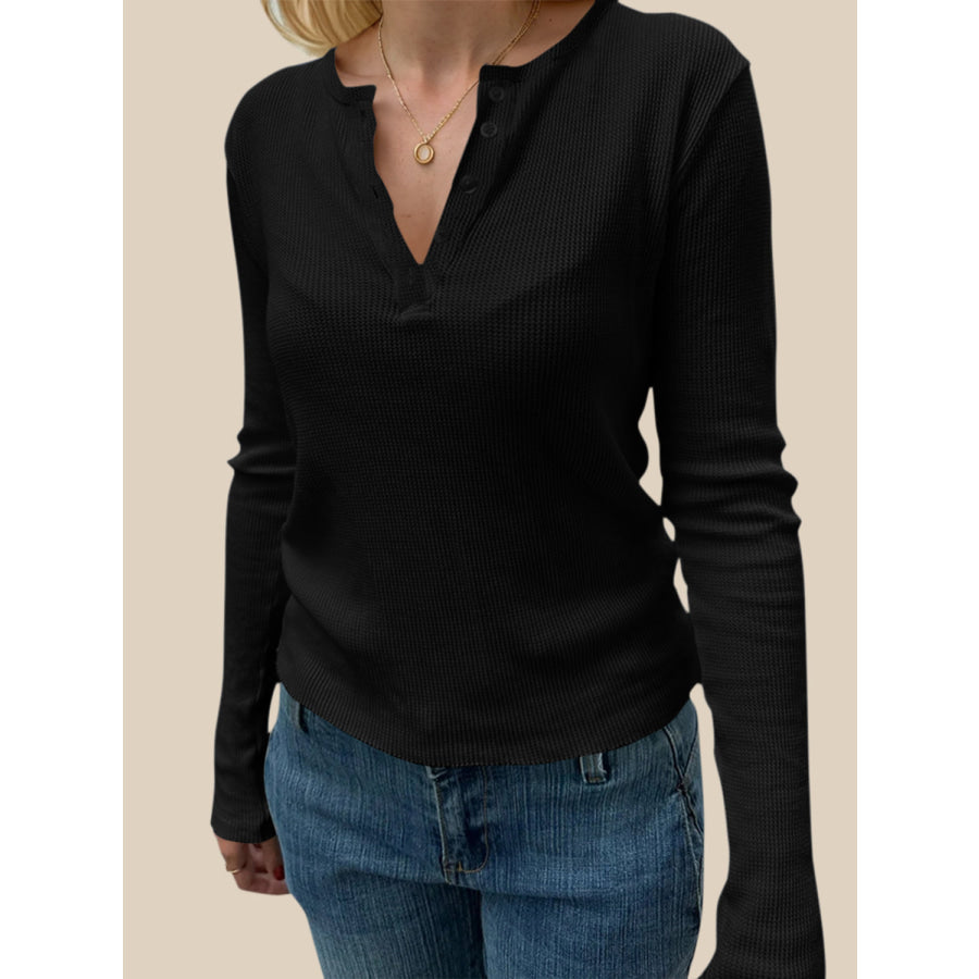 Devine Quarter Button Long Sleeve T-Shirt Black / S Apparel and Accessories