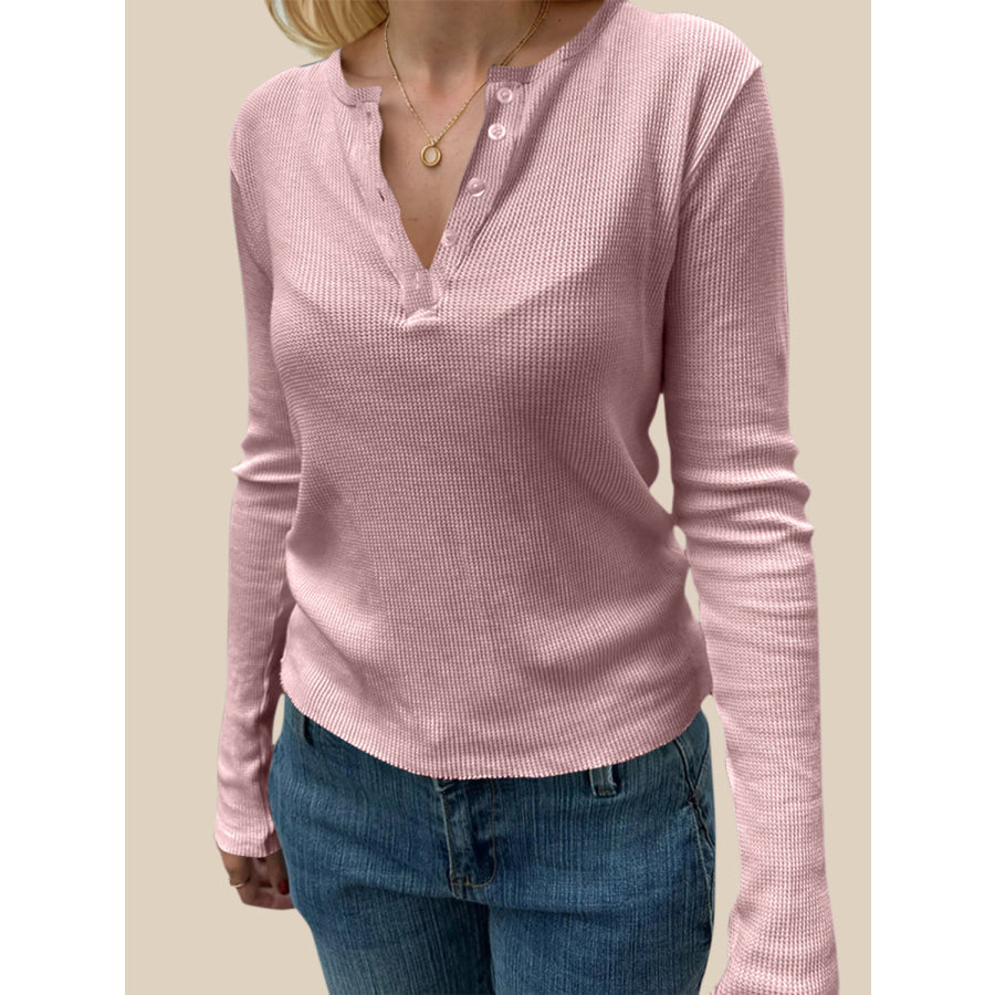 Devine Quarter Button Long Sleeve T-Shirt Dusty Pink / S Apparel and Accessories