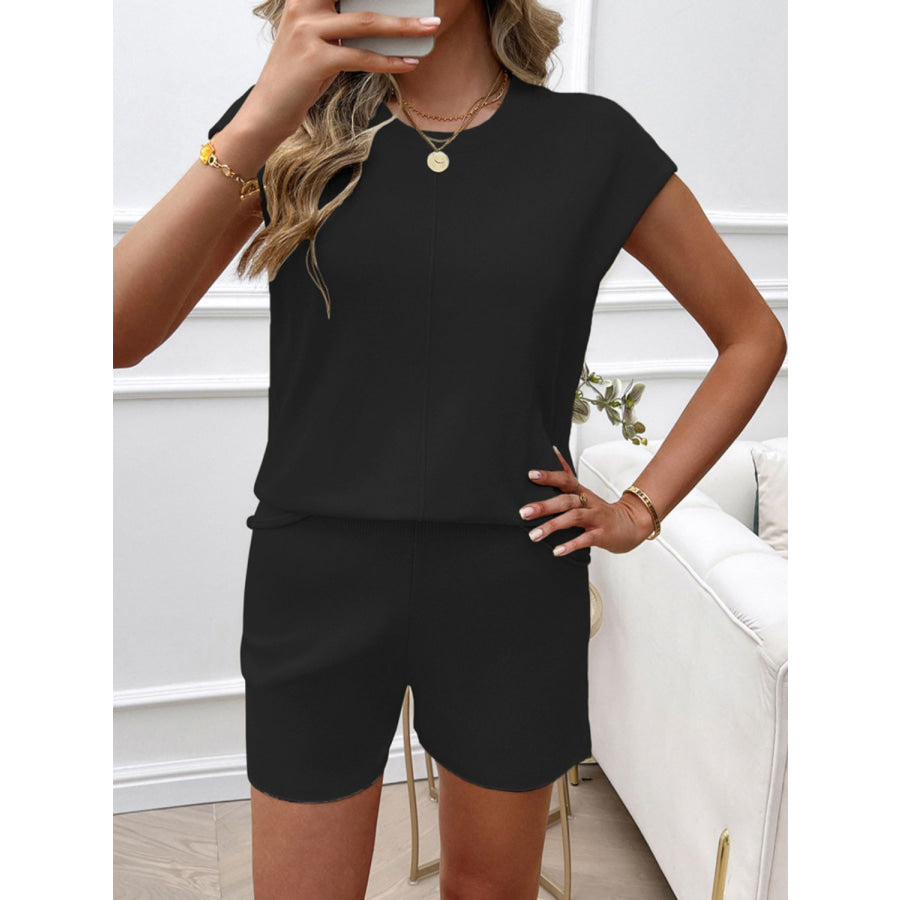 Devine Round Neck Cap Sleeve Top and Shorts Sweater Set Apparel and Accessories