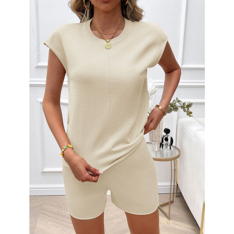 Devine Round Neck Cap Sleeve Top and Shorts Sweater Set Apparel and Accessories