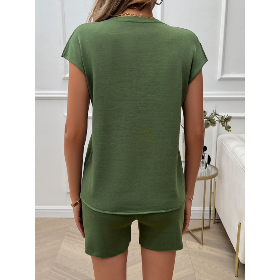 Devine Round Neck Cap Sleeve Top and Shorts Sweater Set Dark Green / S Apparel and Accessories