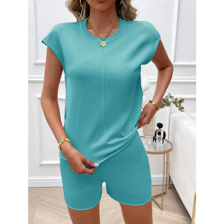 Devine Round Neck Cap Sleeve Top and Shorts Sweater Set Tiffany Blue / S Apparel and Accessories