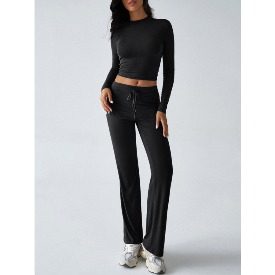 Devine Round Neck Long Sleeve Top and Drawstring Pants Set Black / S Apparel and Accessories