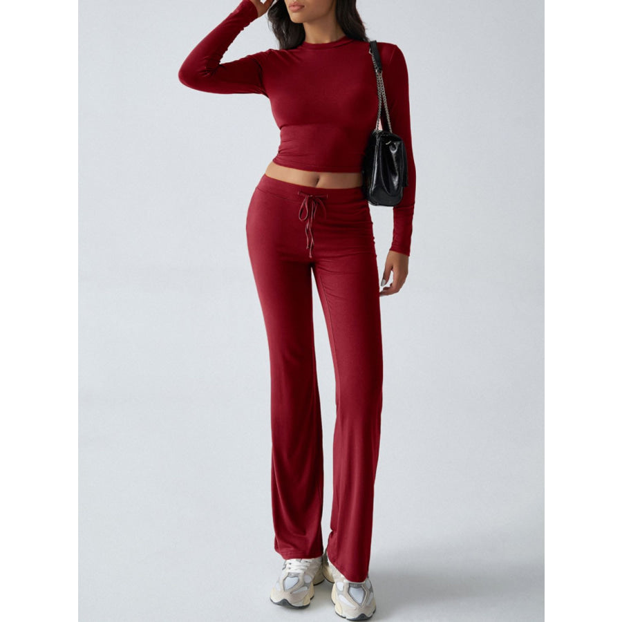 Devine Round Neck Long Sleeve Top and Drawstring Pants Set Burgundy / S Apparel and Accessories