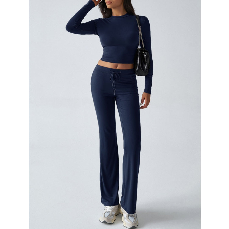 Devine Round Neck Long Sleeve Top and Drawstring Pants Set Dark Blue / S Apparel and Accessories