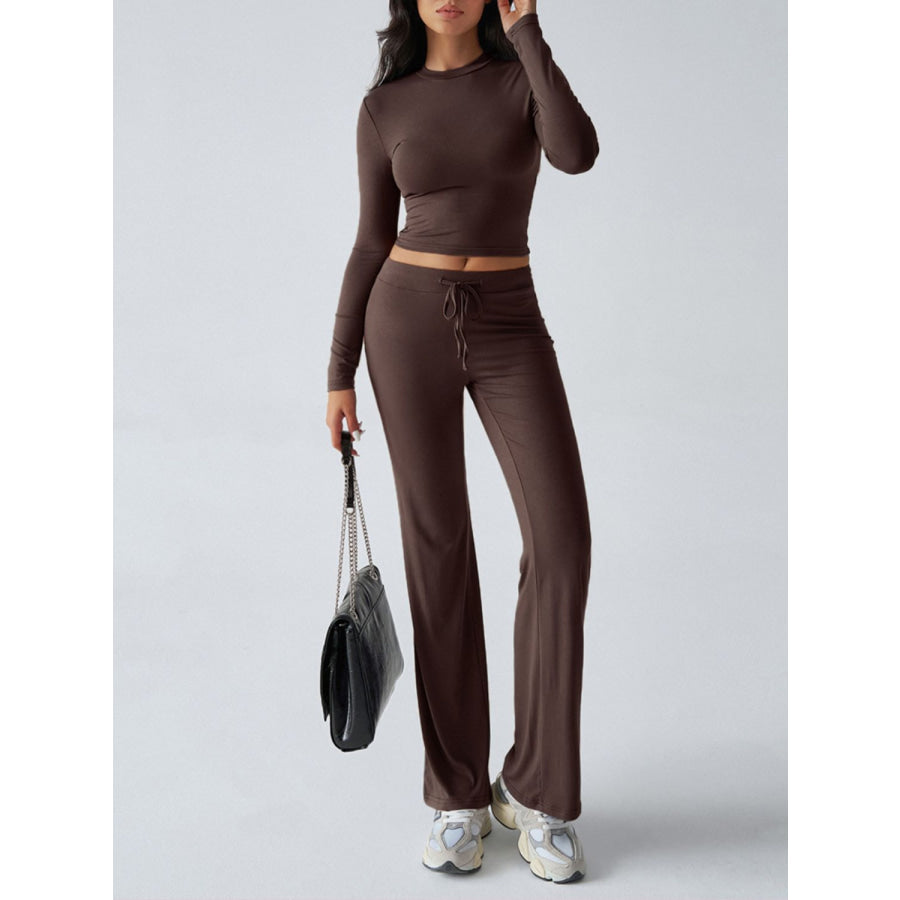 Devine Round Neck Long Sleeve Top and Drawstring Pants Set Dark Brown / S Apparel and Accessories