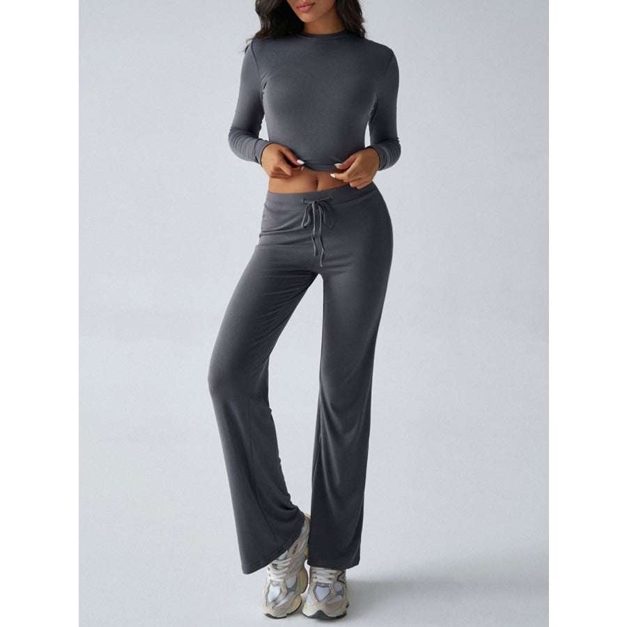 Devine Round Neck Long Sleeve Top and Drawstring Pants Set Dark Gray / S Apparel and Accessories