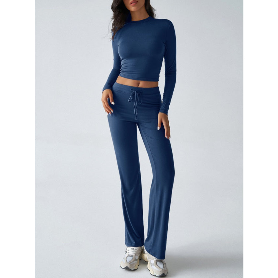 Devine Round Neck Long Sleeve Top and Drawstring Pants Set French Blue / S Apparel and Accessories