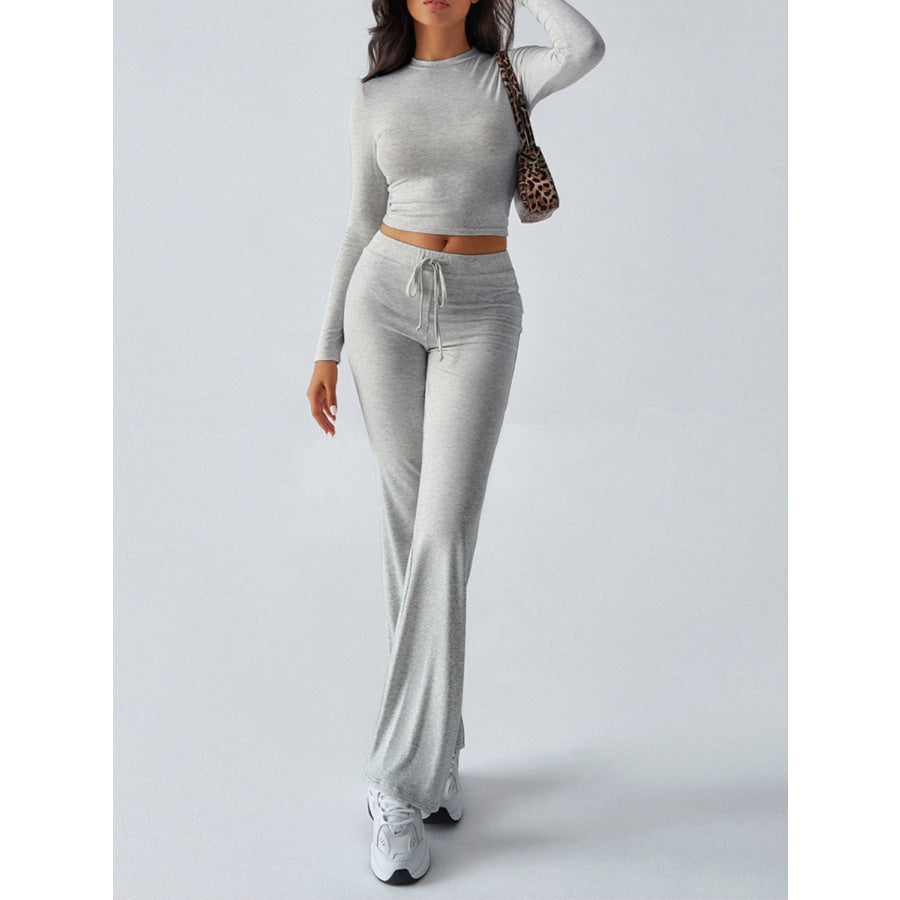 Devine Round Neck Long Sleeve Top and Drawstring Pants Set Gray / S Apparel and Accessories