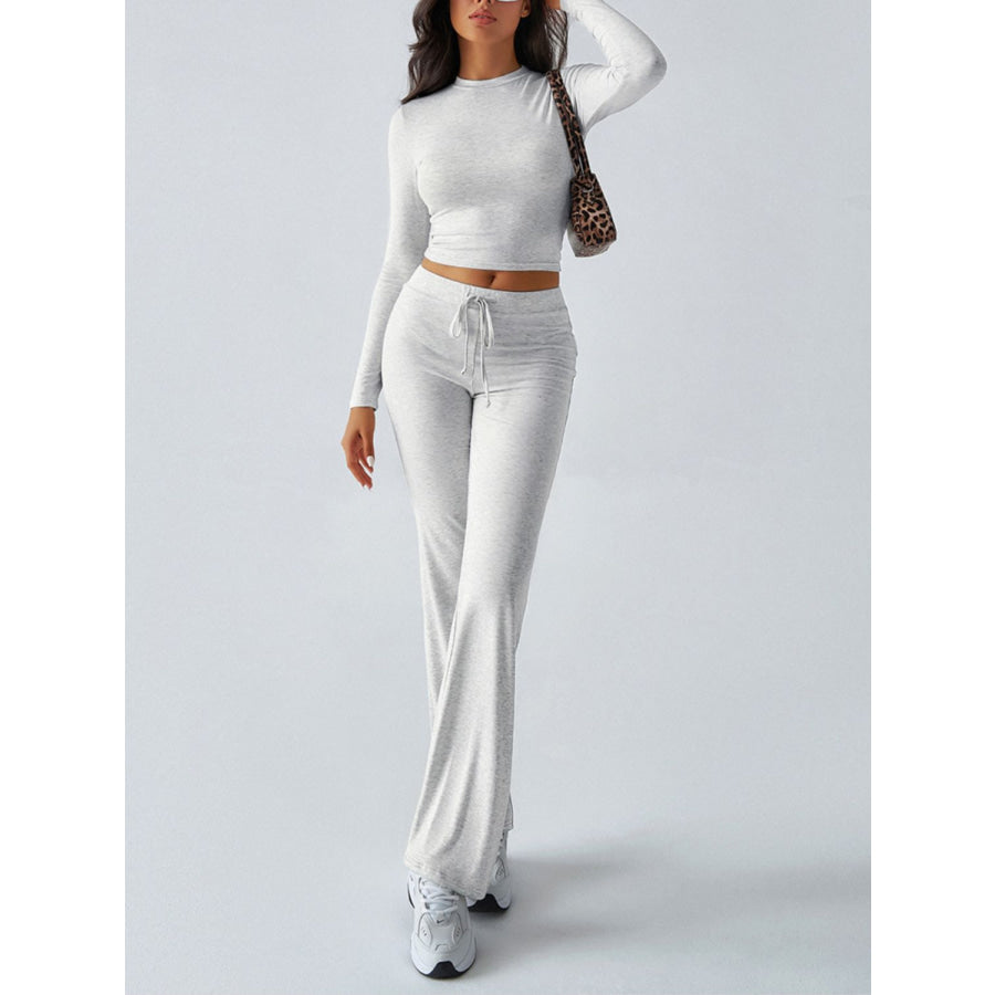 Devine Round Neck Long Sleeve Top and Drawstring Pants Set Light Gray / S Apparel and Accessories