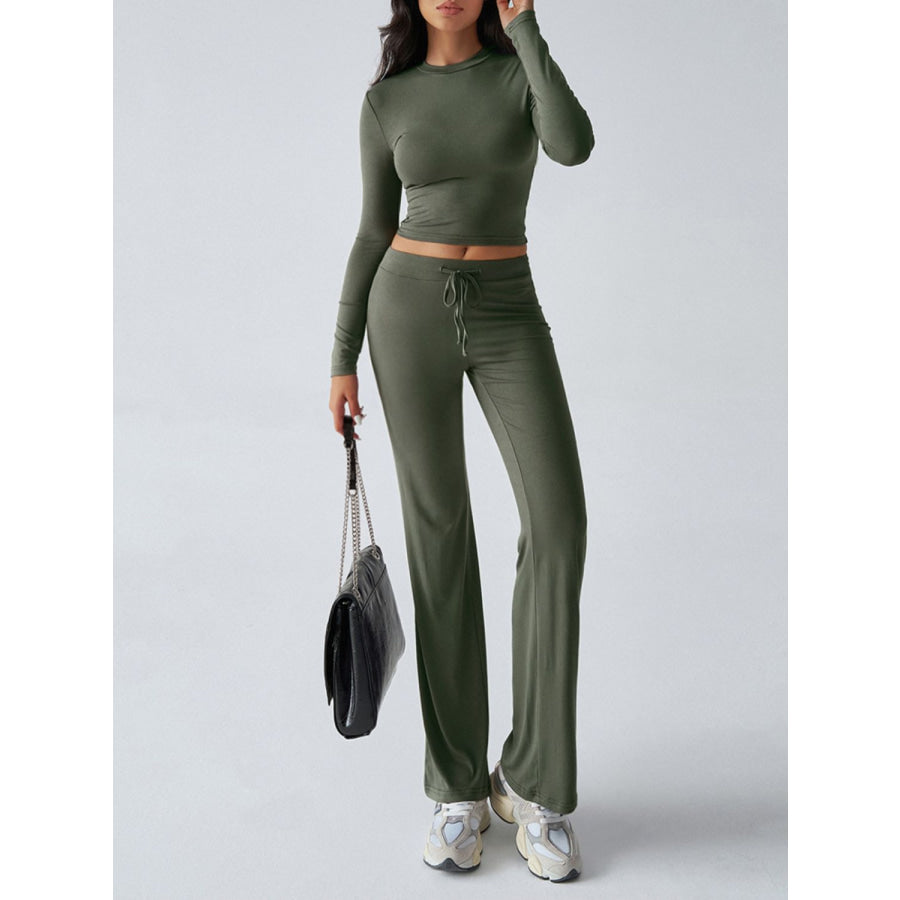 Devine Round Neck Long Sleeve Top and Drawstring Pants Set Moss / S Apparel and Accessories