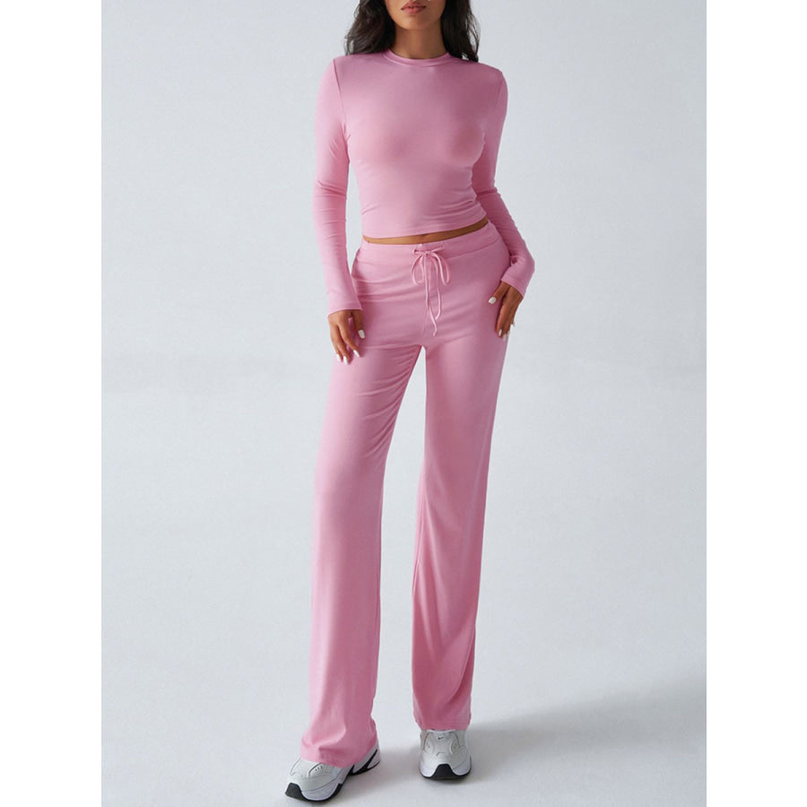 Devine Round Neck Long Sleeve Top and Drawstring Pants Set Pink / S Apparel and Accessories