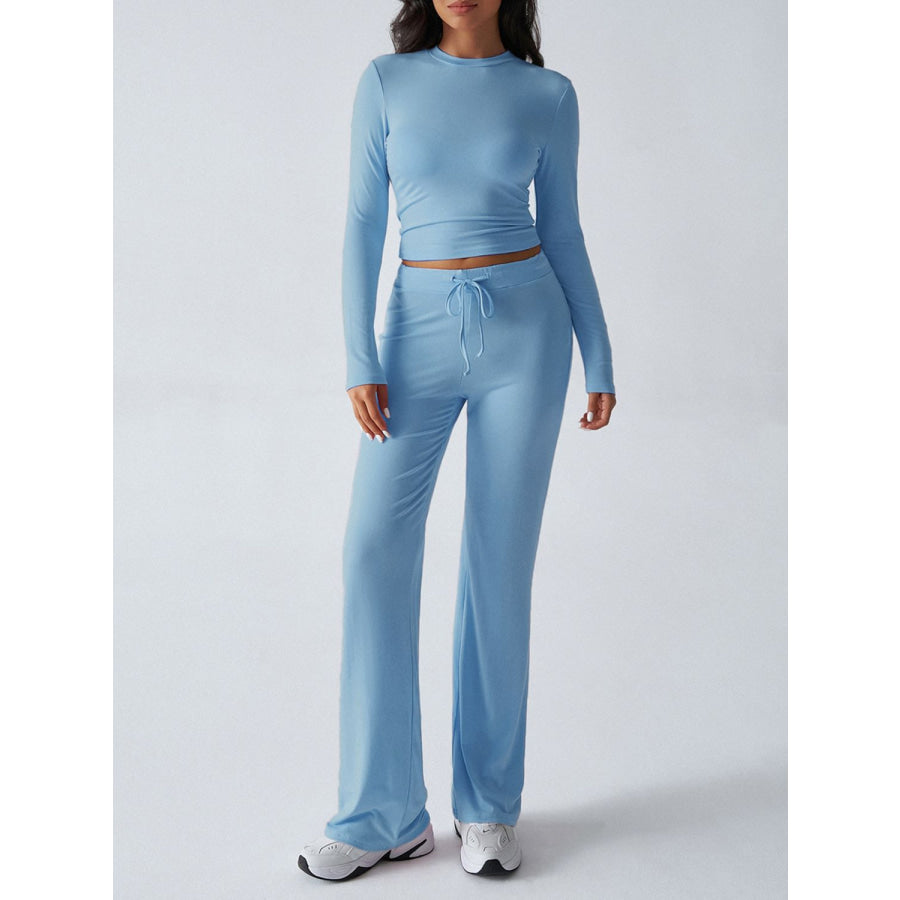 Devine Round Neck Long Sleeve Top and Drawstring Pants Set Sky Blue / S Apparel and Accessories