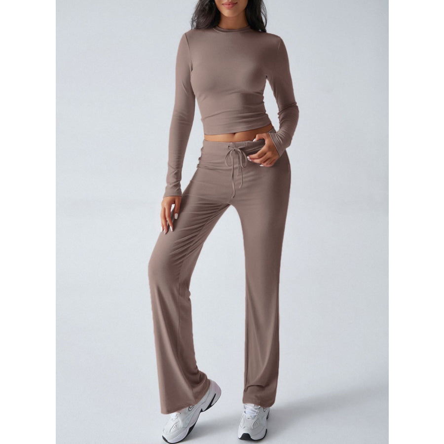 Devine Round Neck Long Sleeve Top and Drawstring Pants Set Taupe / S Apparel and Accessories