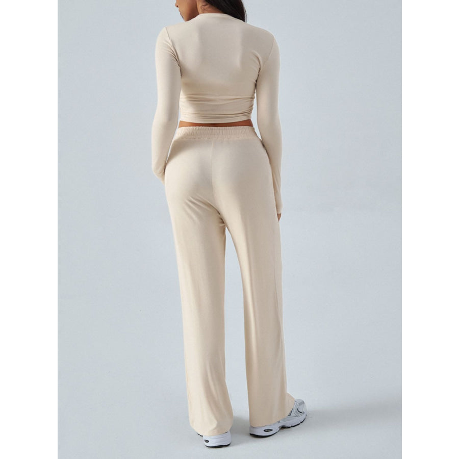 Devine Round Neck Long Sleeve Top and Pants Set Tan / S Apparel and Accessories