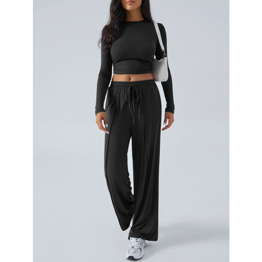 Devine Round Neck Long Sleeve Top and Pants Set Black / S Apparel and Accessories