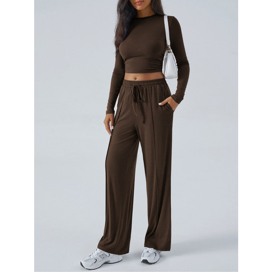 Devine Round Neck Long Sleeve Top and Pants Set Coffee Brown / S Apparel and Accessories