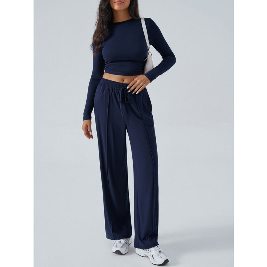 Devine Round Neck Long Sleeve Top and Pants Set Dark Blue / S Apparel and Accessories