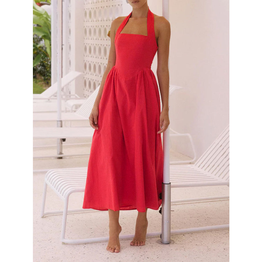 Devine Ruched Halter Neck Midi Dress Apparel and Accessories