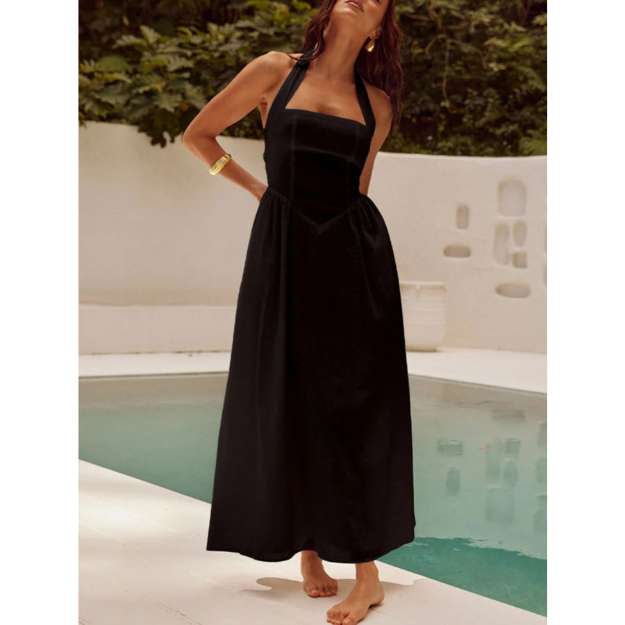 Devine Ruched Halter Neck Midi Dress Black / S Apparel and Accessories