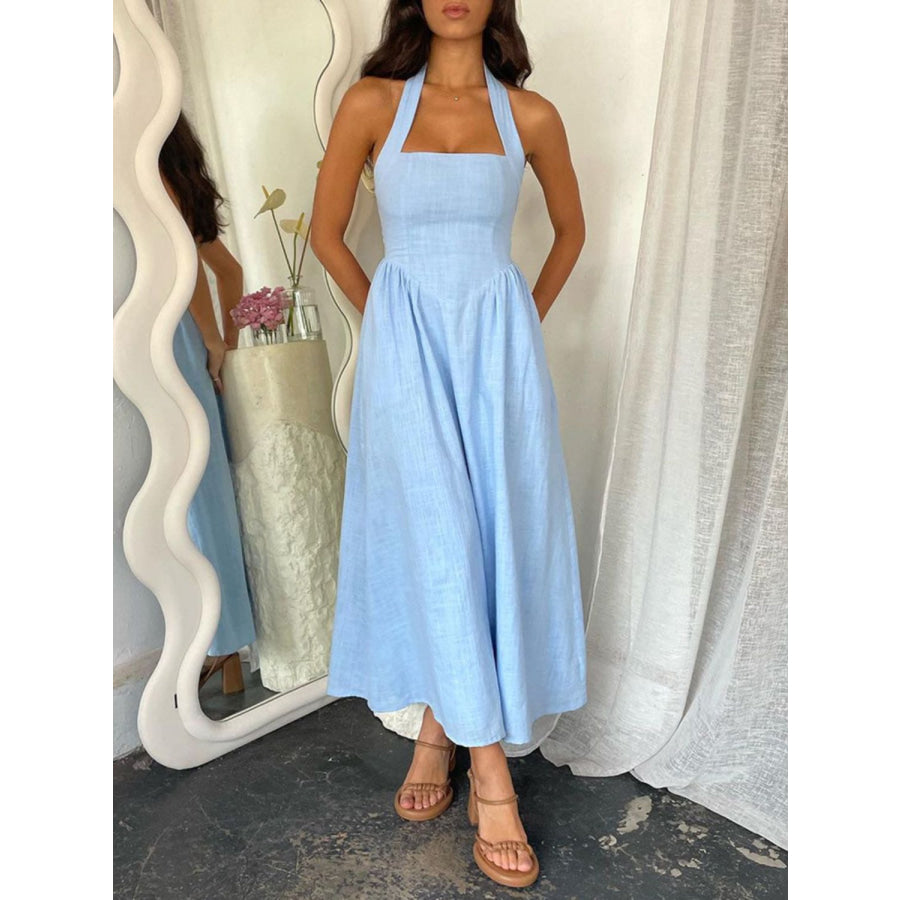 Devine Ruched Halter Neck Midi Dress Light Blue / S Apparel and Accessories