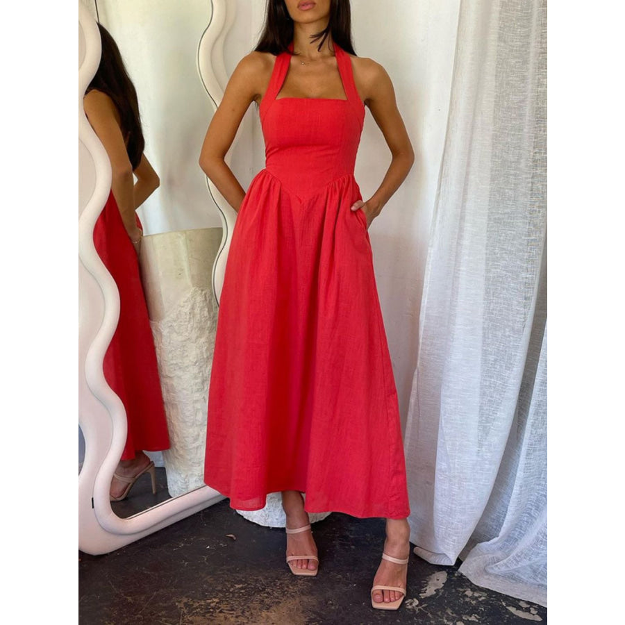 Devine Ruched Halter Neck Midi Dress Red / S Apparel and Accessories