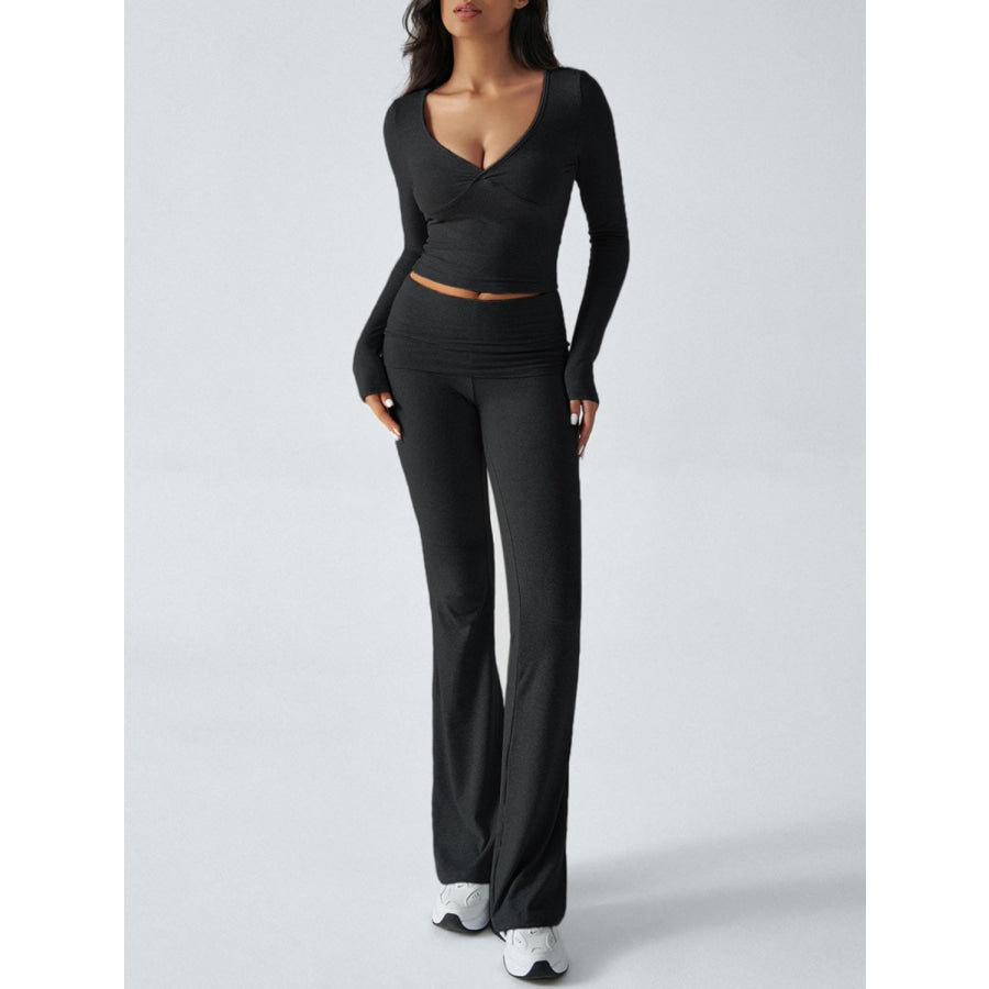 Devine Ruched Long Sleeve Top and Pants Set Apparel and Accessories