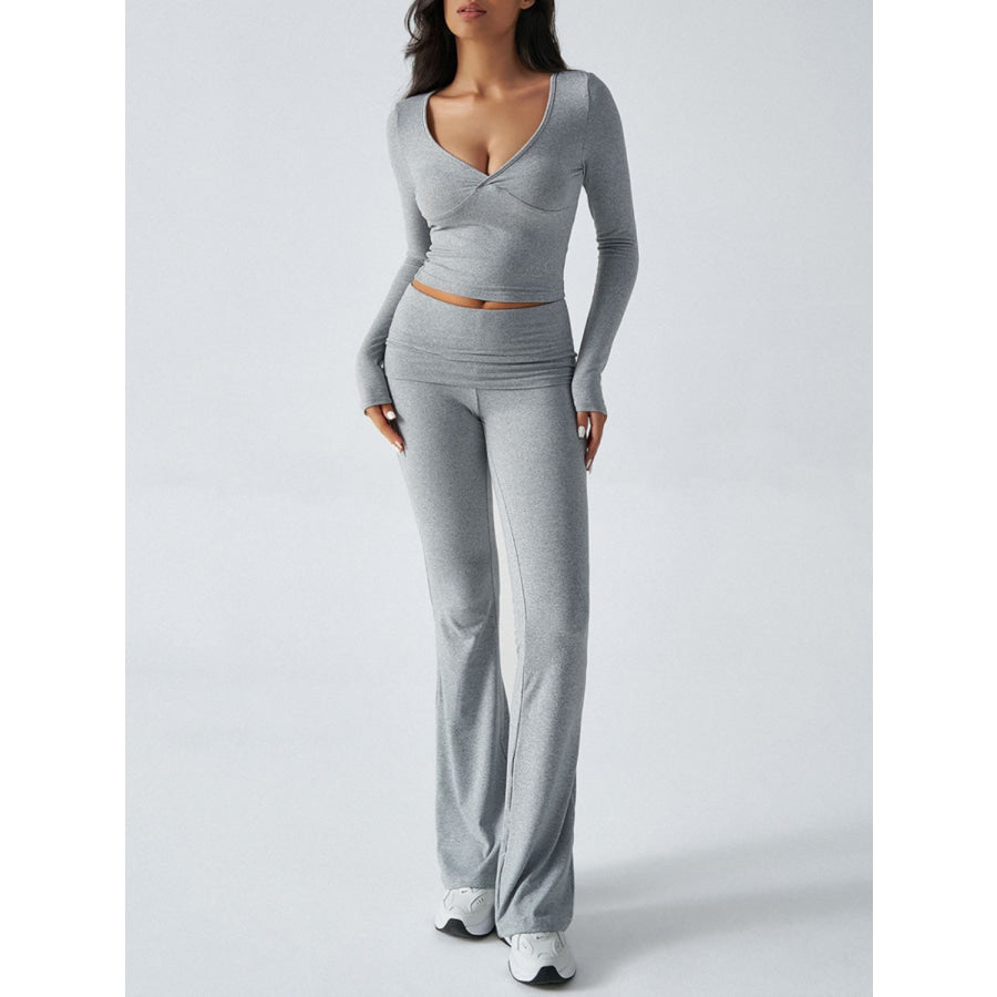 Devine Ruched Long Sleeve Top and Pants Set Apparel and Accessories