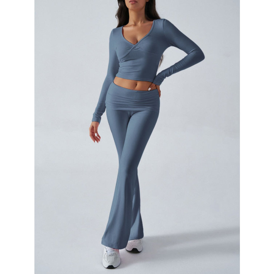 Devine Ruched Long Sleeve Top and Pants Set Apparel and Accessories