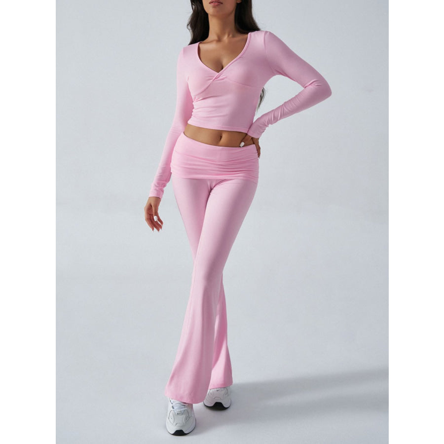 Devine Ruched Long Sleeve Top and Pants Set Apparel and Accessories