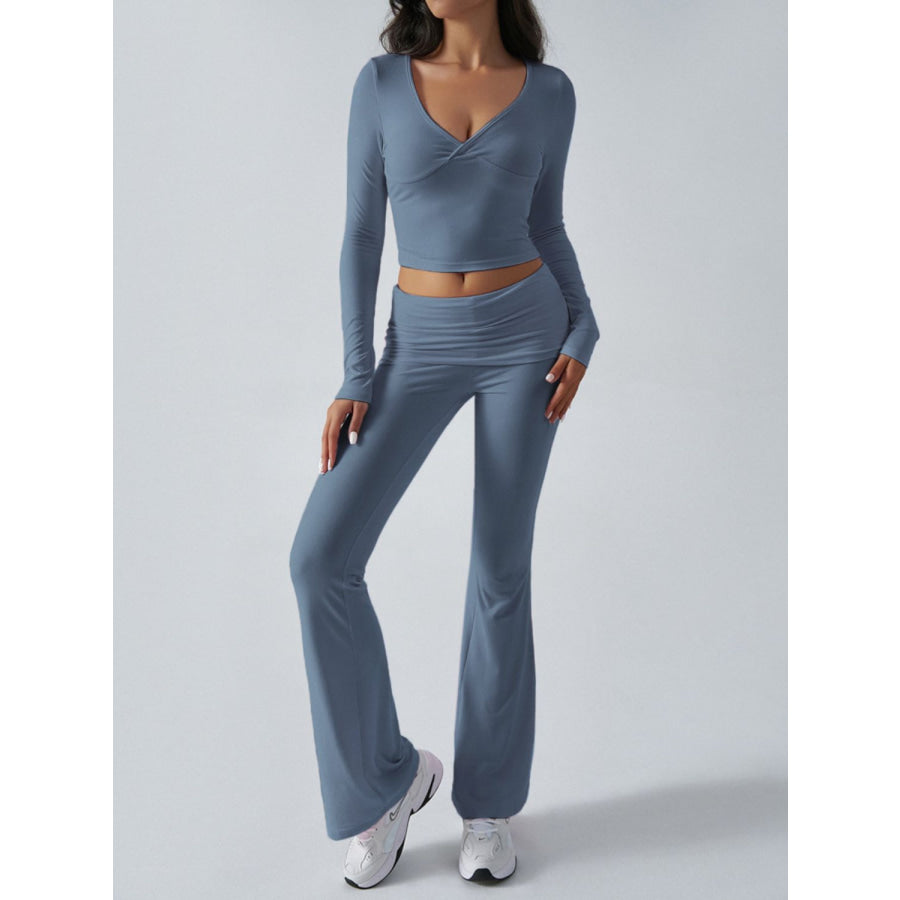 Devine Ruched Long Sleeve Top and Pants Set Apparel and Accessories