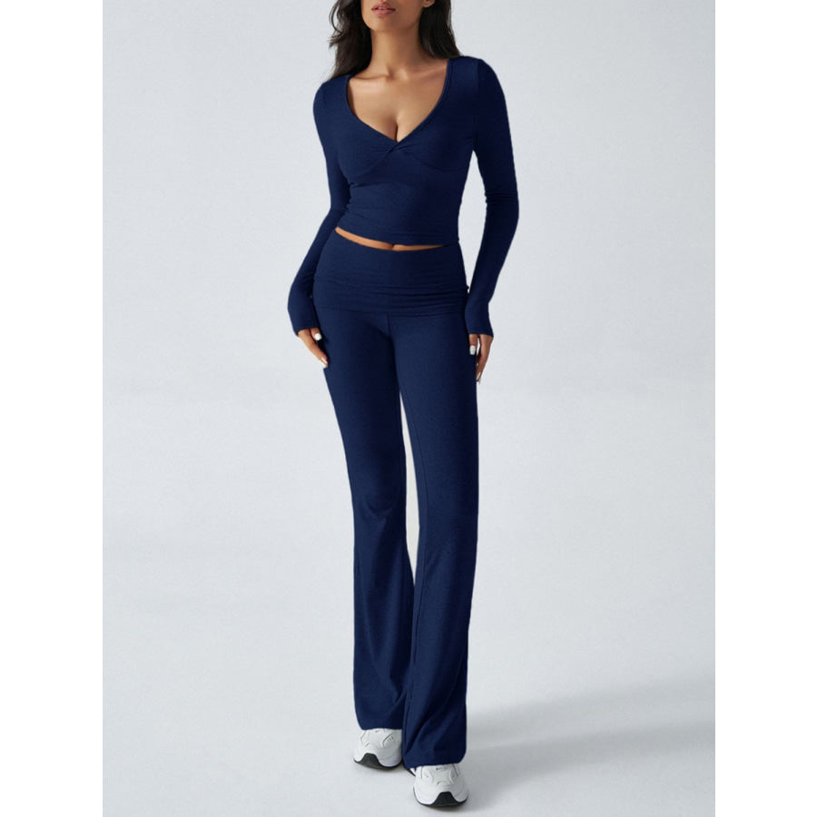 Devine Ruched Long Sleeve Top and Pants Set Apparel and Accessories