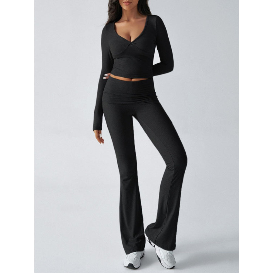 Devine Ruched Long Sleeve Top and Pants Set Apparel and Accessories