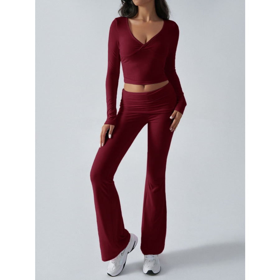 Devine Ruched Long Sleeve Top and Pants Set Apparel and Accessories