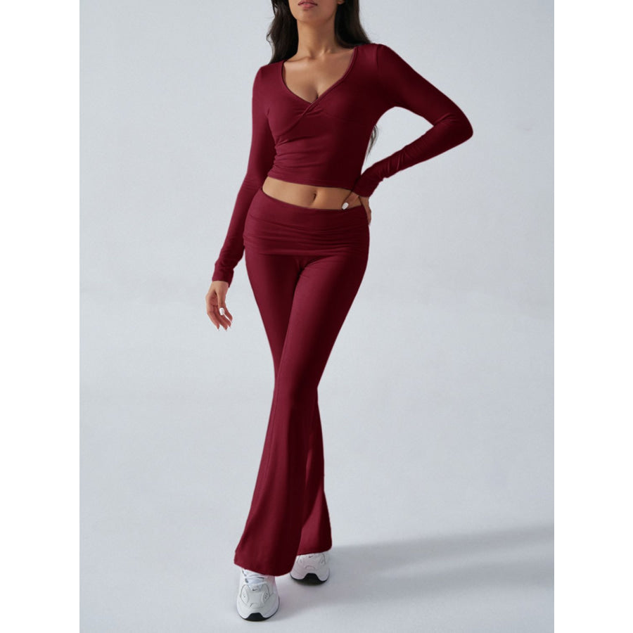 Devine Ruched Long Sleeve Top and Pants Set Apparel and Accessories