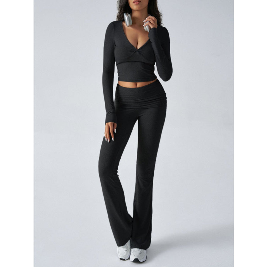 Devine Ruched Long Sleeve Top and Pants Set Black / S Apparel and Accessories