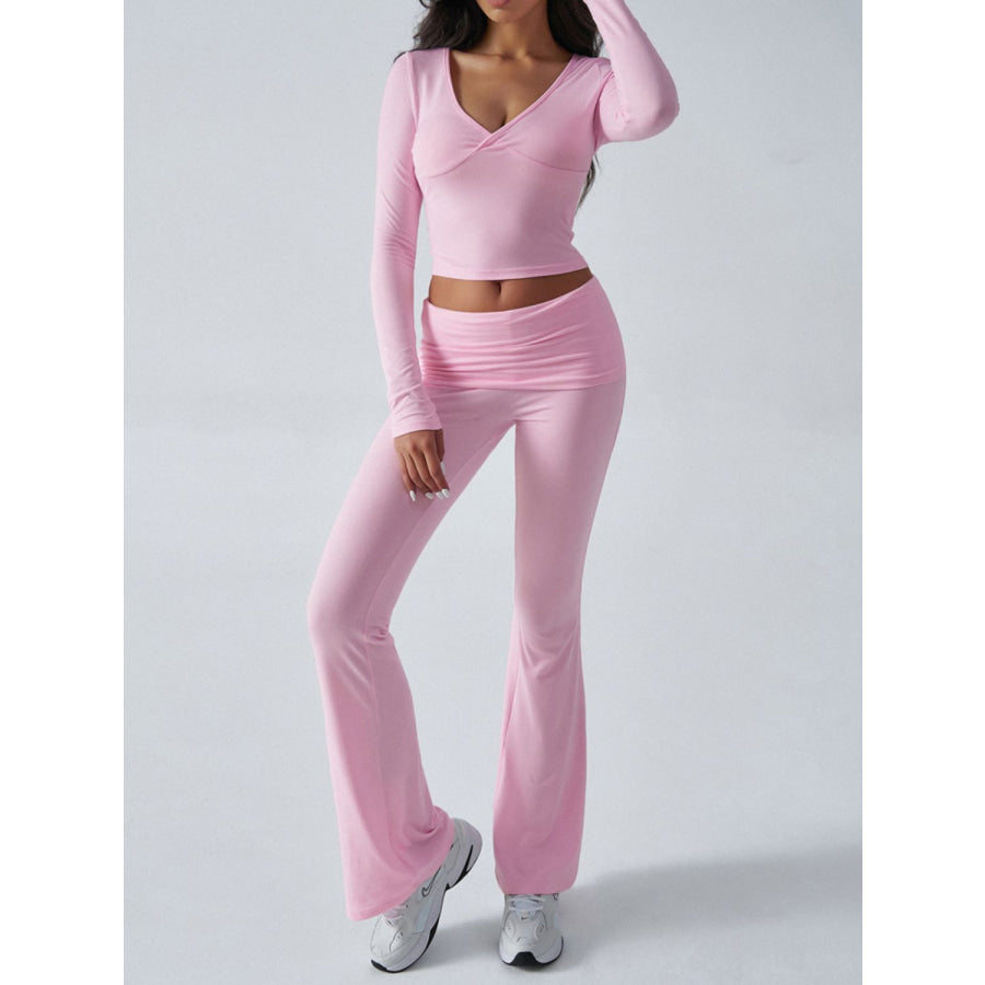 Devine Ruched Long Sleeve Top and Pants Set Blush Pink / S Apparel and Accessories