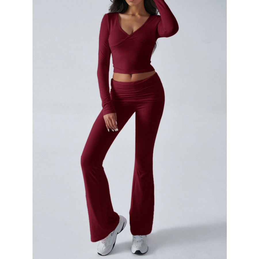 Devine Ruched Long Sleeve Top and Pants Set Burgundy / S Apparel and Accessories