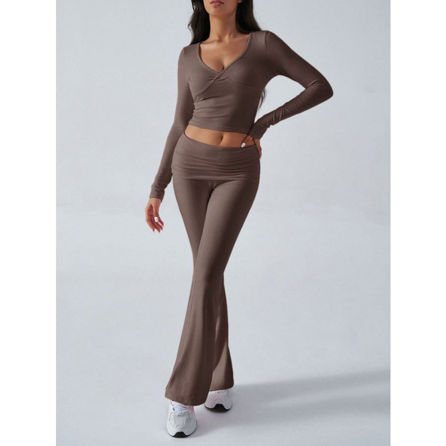 Devine Ruched Long Sleeve Top and Pants Set Coffee Brown / S Apparel and Accessories