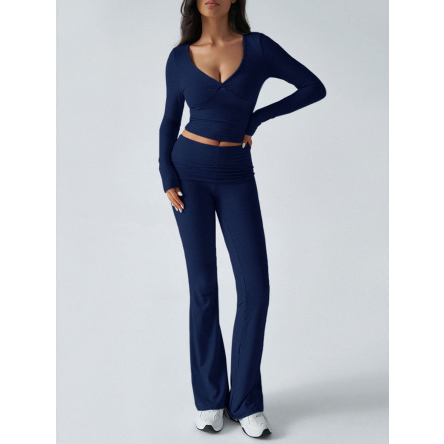 Devine Ruched Long Sleeve Top and Pants Set Dark Blue / S Apparel and Accessories