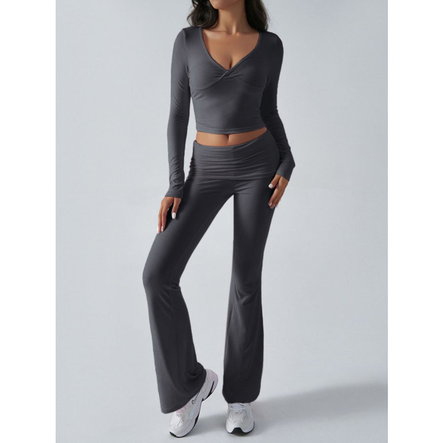 Devine Ruched Long Sleeve Top and Pants Set Dark Gray / S Apparel and Accessories