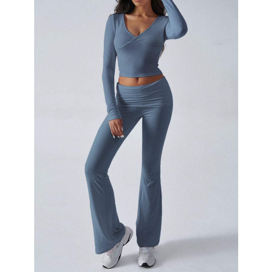 Devine Ruched Long Sleeve Top and Pants Set Dusty Blue / S Apparel and Accessories