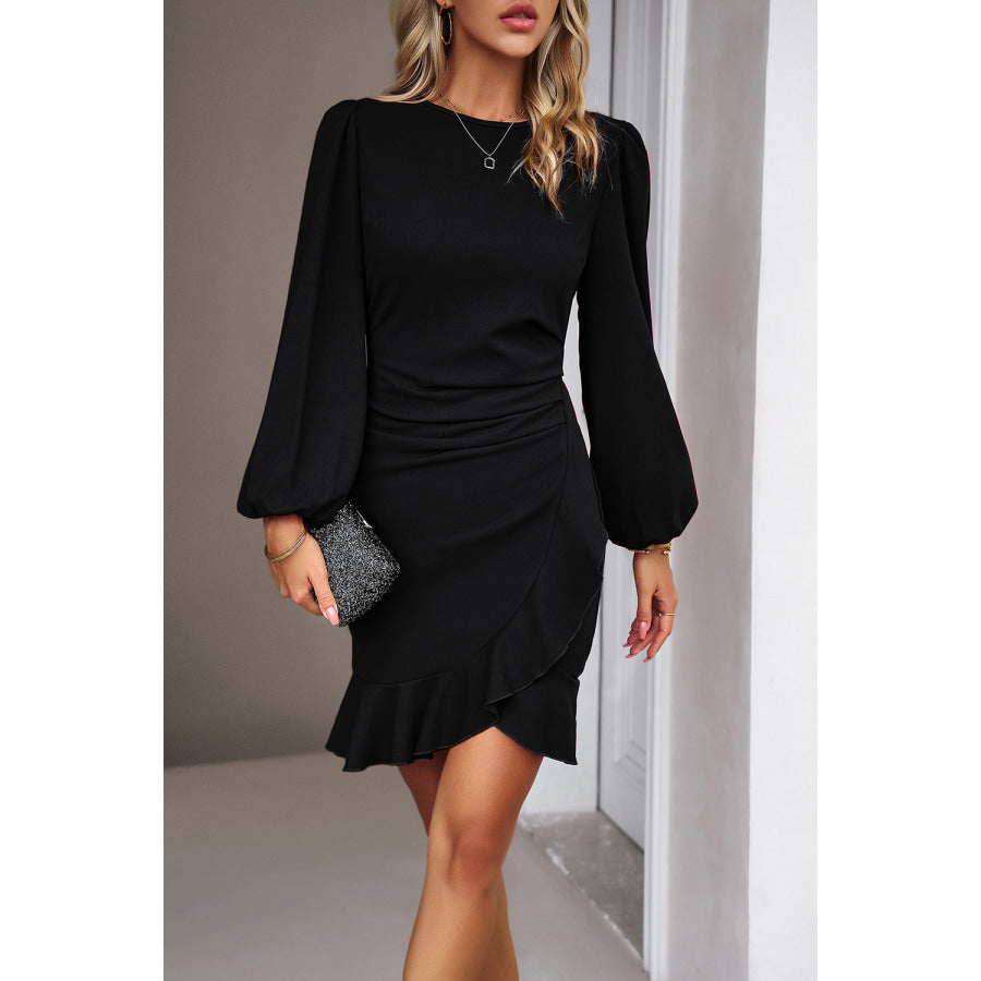 Devine Ruched Ruffled Balloon Sleeve Mini Dress Apparel and Accessories