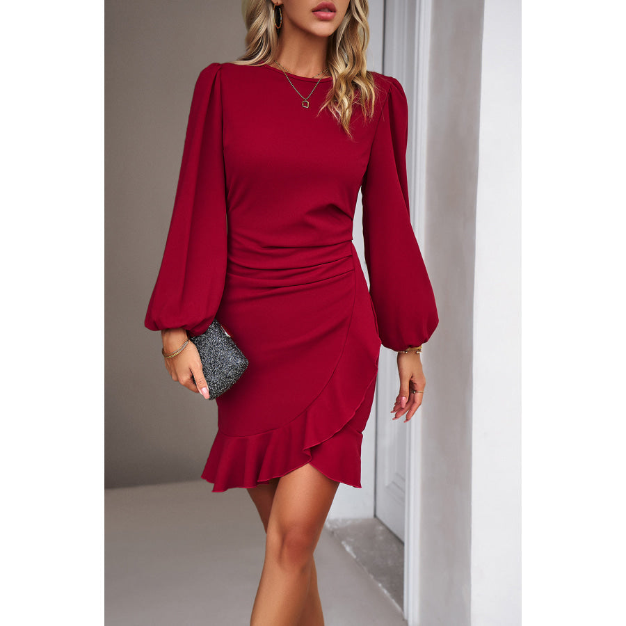 Devine Ruched Ruffled Balloon Sleeve Mini Dress Apparel and Accessories