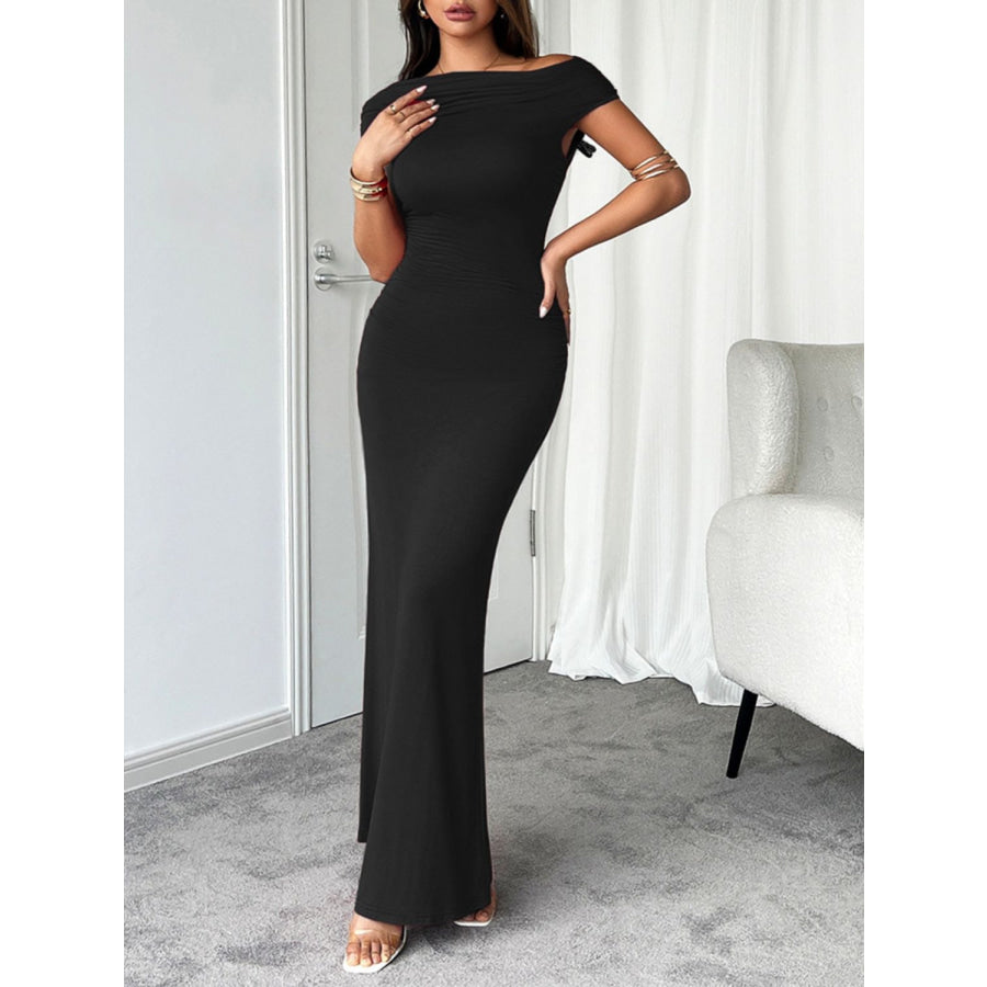 Devine Ruched Single Shoulder Short Sleeve Maxi Dress Apparel and Accessories