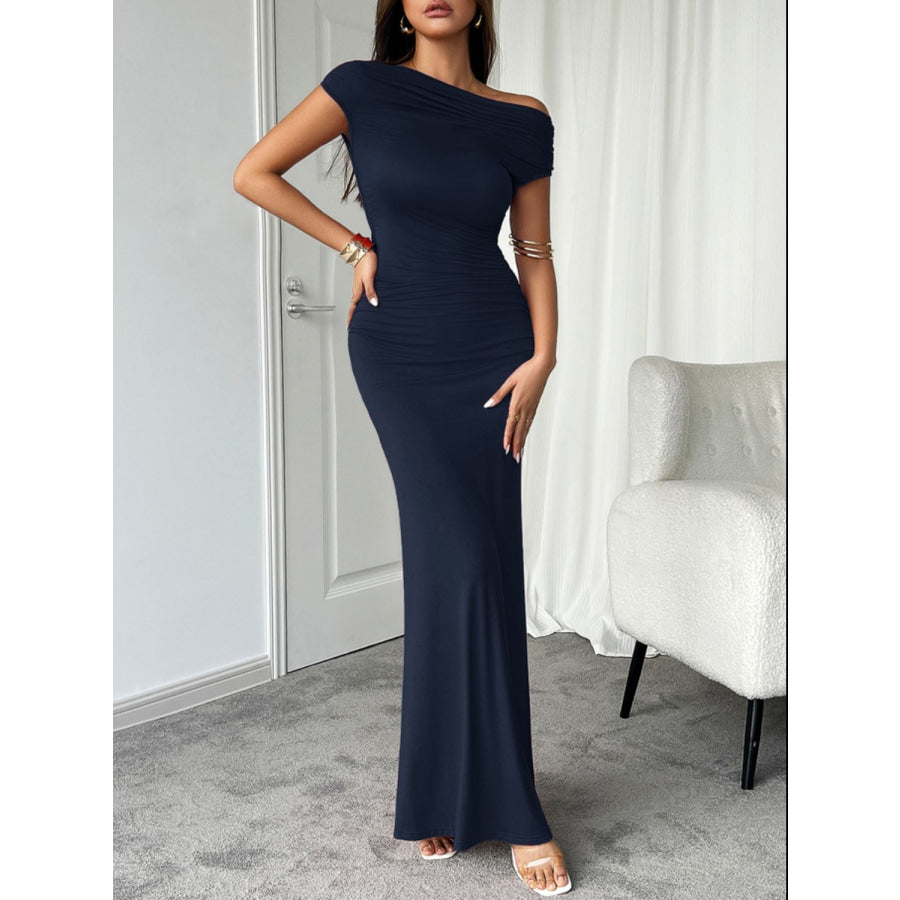 Devine Ruched Single Shoulder Short Sleeve Maxi Dress Dark Blue / S Apparel and Accessories