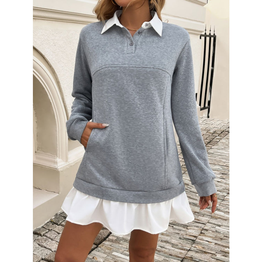 Devine Ruffle Hem Long Sleeve Mini Dress Gray / S Apparel and Accessories