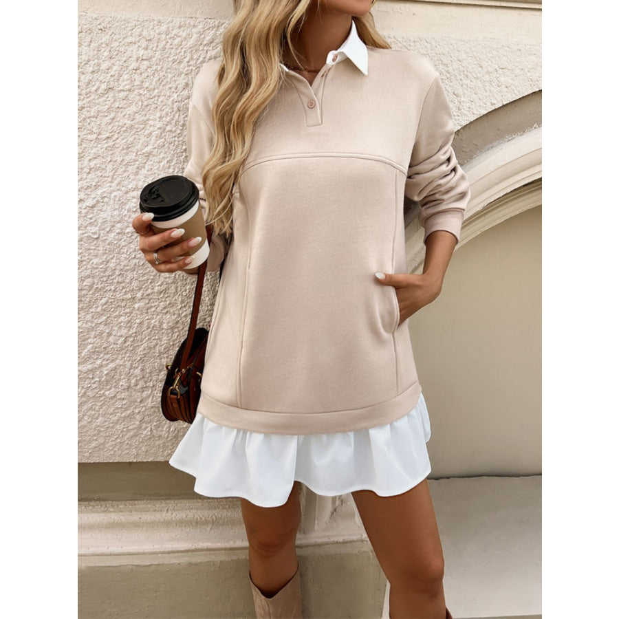 Devine Ruffle Hem Long Sleeve Mini Dress Tan / S Apparel and Accessories